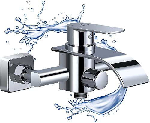 KULACO Badewannenarmatur Wasserfall, Wasserhahn Badewanne Wannenbatterie aus Messing, Duscharmatur Chrom Badewanne Armatur mit Druckschalter Mischbatterie Dusche Wannenarmatur für Badezimmer