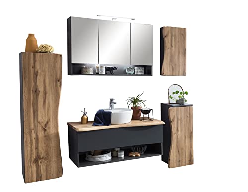 lifestyle4living Badmöbel Set 5 teilig mit Spiegelschrank (LED) in Graphit und Wotan Eiche-Nachbildung | Hochwertige Badmöbel für EIN Bad im modernen Look