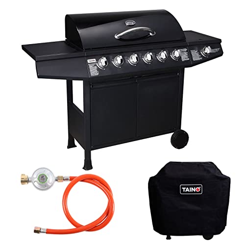 TAINO Basic 6+1 Gasgrill Set inkl. Abdeckung/Druckminderer Grillwagen BBQ Edelstahl-Brenner Seitenkocher Gas-Grill TÜV Schwarz