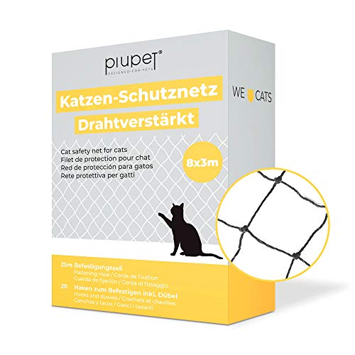 PiuPet® Katzennetz drahtverstärkt I für Balkon und Fenster I inklusive Befestigungsset I Balkonnetz für Katzen I schwarz (8 x 3 m)