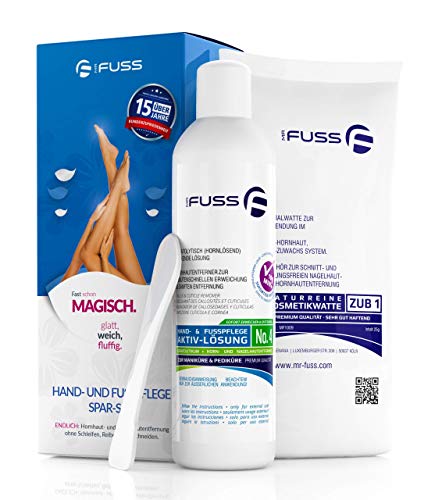 Mr. Fuss Hornhautentferner Lösung zur sanften Hornhautentfernung Schnell erweichende Lotion 250ml No. 4 im Plus Pack. Fußpflege Pediküre Set ohne Schleifen mit Sofort-Effekt.