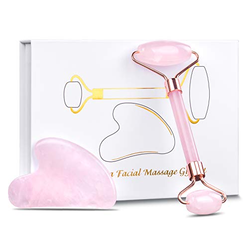 Jade Roller, QTTO Gesichtsroller Set mit Gua Sha Jade, Rosenquarz Roller für Anti-Aging und straffung, Natürliche Jade Face Roller, Entspannende Gesichts- und Nackenmuskulatur Massage Roller(Rosa)