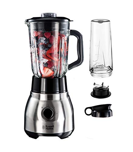 Russell Hobbs Standmixer 2-in-1 [1,5l Glasbehälter Mixer & 0,6l Mini Smoothie Maker -To-Go-Trinkflasche inkl. Deckel] Spülmaschinenfest, Impuls-/Ice-Crush Funktion, Becher BPA frei, Edelstahl 23821-56