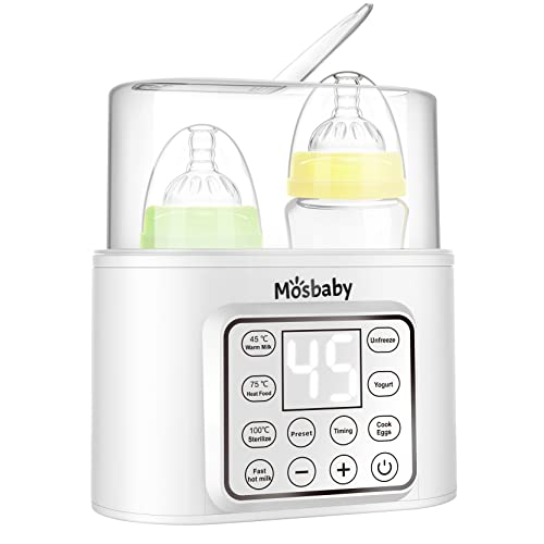 Mosbaby Flaschenwärmer Baby, Sterilisator für Babyflaschen 9-in-1 Funktion, LCD-Display Babykostwärmer mit Flaschenbürste, BPA-frei, Klappdeckel-Design, mit NTC-Sonde, Fast Erwärmen, Weiß.