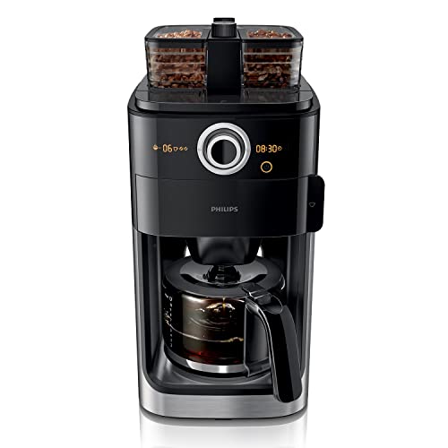 Philips Filterkaffeemaschine mit Mahlwerk – 1.2-Liter-Glaskanne, bis zu 12 Tassen, Duo-Behälter für Kaffeebohnen, Timer, schwarz/metallisch (HD7769/00), 1000 Watt, 21.2 x 27.7 x 44 cm, Schwarz