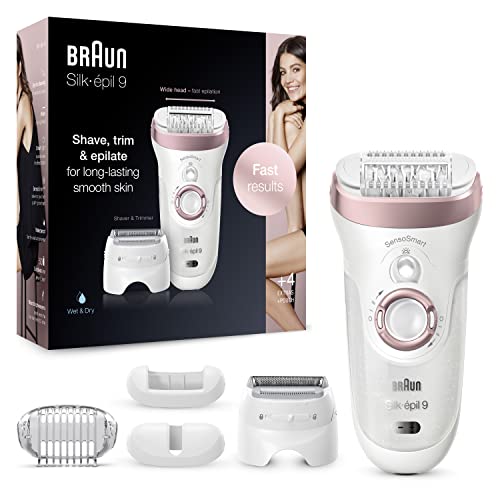 Braun Silk-épil 9 Epilierer Damen für Haarentfernung, Rasier- und Trimmeraufsatz, Hochfrequenz-Massageaufsatz, kabellose Wet&Dry-Epilation, Muttertagsgeschenk, 9-725, weiß/roségold