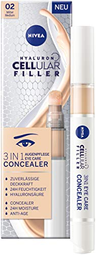 NIVEA Hyaluron Cellular Filler 3IN1 Augenpflege Concealer Mittel (4 ml), Anti-Age Concealer mit Hyaluron, Abdeckstift für Augenringe, Rötungen und Pickel