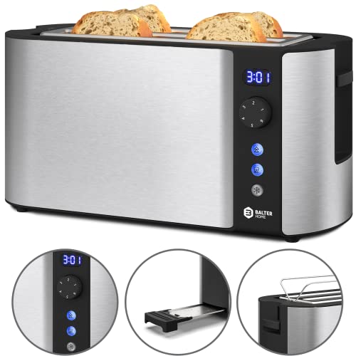 Balter Toaster 4 Scheiben, Langschlitz, Edelstahl, Brötchenaufsatz, LCD Display mit Restzeitanzeige, Auftaufunktion, Brotzentrierung, Krümelschublade, TS-04-LCD, Farbe: Silber