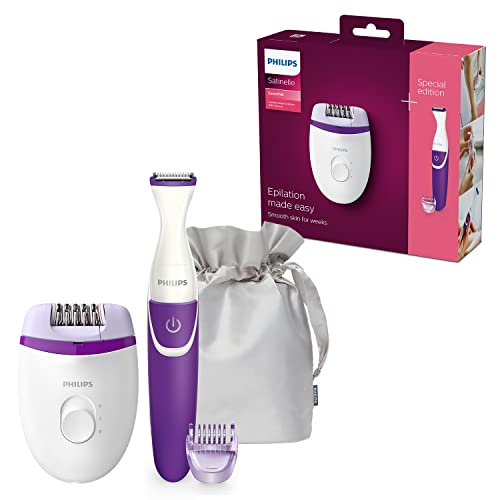 Philips BRP505/00 Haarentfernungs-Set für Körper und Trikot, 4 Zubehörteile, mit elektrischem Epilierer Satinelle Essential, Bikini-Trimmer, Kammaufsatz 3 mm und Luxus-Tasche, White, 2-teiliges Set