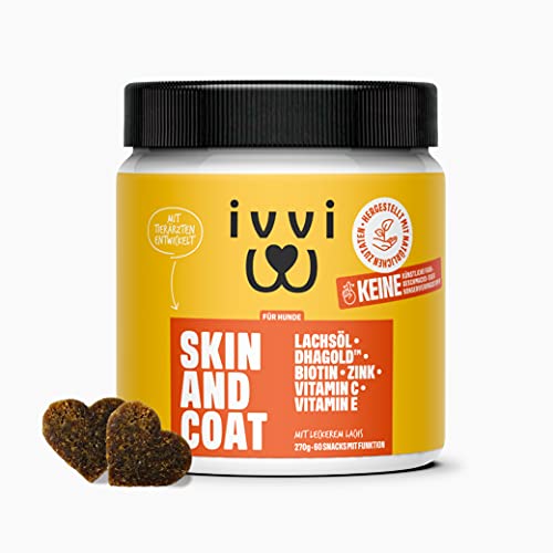 ivvi Skin & Coat Omega 3 für Hunde gegen Juckreiz im Leckerliformat, für gesunde Haut & glänzendes Fell – mit Biotin, DHAgold, Zink, Vitamin C, Lachsöl für Hunde - 60 leckere Snacks (270g) mit Lachs