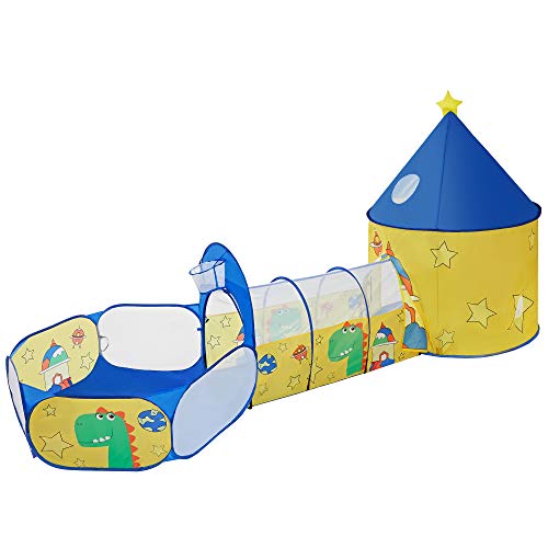 SONGMICS 3-in-1 Spielzelt, Pop-up, mit Tunnel, Bällebad, Basketballkorb, für Kinder, für innen und außen, mit Dinosaurier-Motiv, Geschenkidee, zum Geburtstag, gelb-blau LPT702Y01