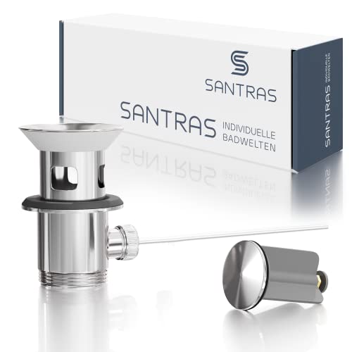 SANTRAS® Exzenter Ablaufgarnitur PREMIUM für Waschtisch mit Schutz vor Überlauf in Chrom – Komplette Überlaufgarnitur mit Ablauf Stöpsel in 1 ¼ für Armatur mit Zugstangengarnitur