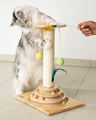 PetJunkee ® Interaktives Katzenspielzeug mit Kratzsäule, Feder & Rasselbällen - Hochwertiges Katzen Intelligenzspielzeug - Kratzstamm, Kratzbaum klein