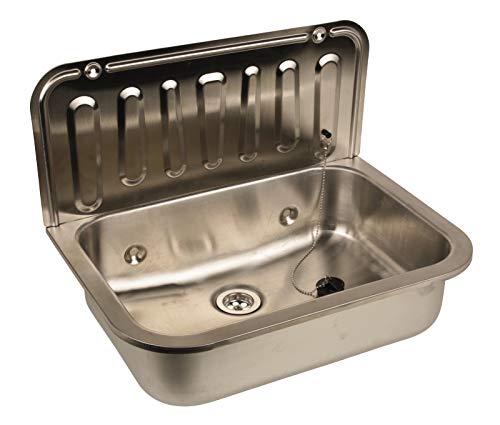 Sanitop-Wingenroth Ausgussbecken aus Edelstahl, 50 cm breit, mit Spritzschutz und Verschlussstopfen mit Kette