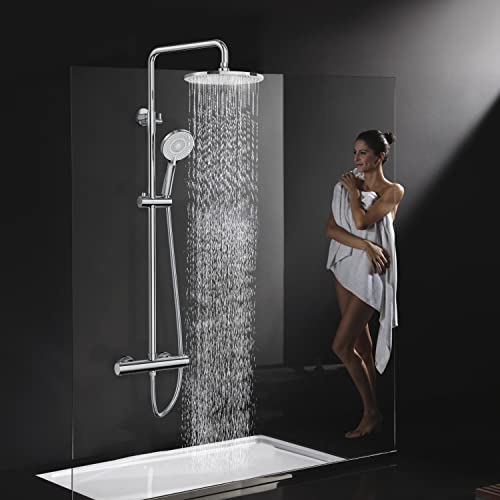 Rainsworth 10 Inch Regendusche Duschsystem, Hochdruck Duschkopf, Thermostat Duscharmatur mit Höhenverstellbarer Duschstange
