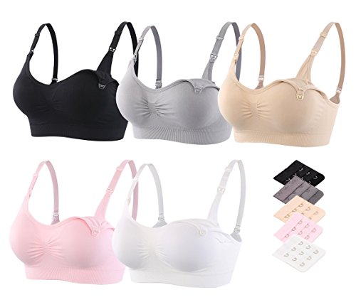 Srizgo Still BH Damen 5er Pack Schwangerschaft Still-BHS Zusätzlichen BH-Verlängerungen Ohne Bügel Nahtlose Tag und Nacht Still-BH (Schwarz+weiß+haut+grau+rosa, XL)