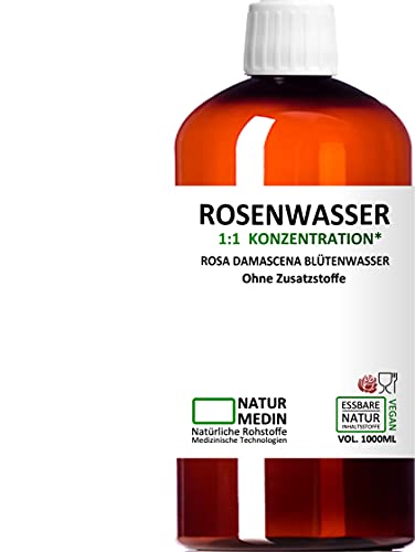 ROSENWASSER 1000-ml Gesichtswasser, 100% naturrein, 1:1 Konzentration, Rosa damascena Blüttenwasser, ohne Zusatzstoffe, PET Braunflasche, nachhaltig