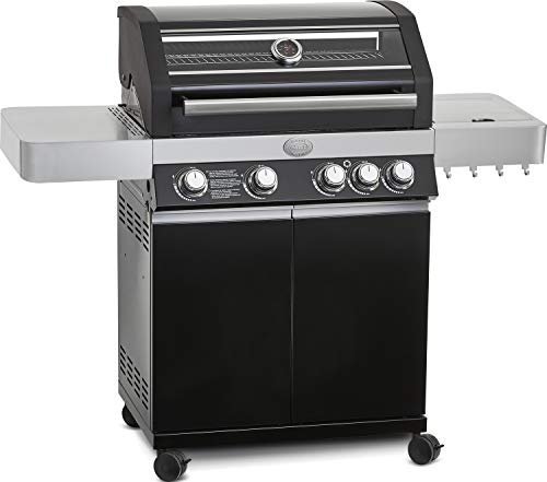 RÖSLE Gasgrill BBQ-Station VIDERO G4 Schwarz, Grill mit 4 Haupt- und 1 Seitenbrenner, Deckel mit Glaseinsatz & Thermometer, beleuchtete Drehknöpfe, pulverbeschichteter Stahl schwarz