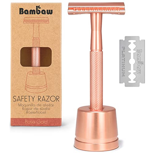 Eco Rasierer Metall | Rasierhobel Rose Gold mit Rasierhobel Ständer | Damen Rasierer Hobel | Rasierhobel Zero Waste | Rasierer Frauen | Rasierer Plastikfrei | Shaving Women | Safety Rasierer | Bambaw