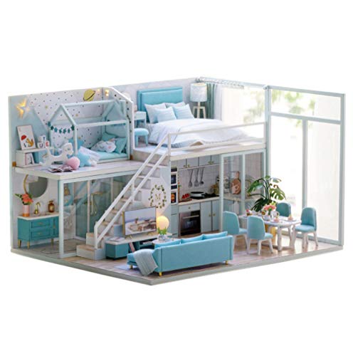 YUACY Puppen Haus Kit,DIY Puppe Haus 3D Holz Montage Mini Puppe Haus Spielzeug Schlafzimmer KüChe Bad MöBel Set Spaß Montage Spielzeug Geschenke,Poetry,L