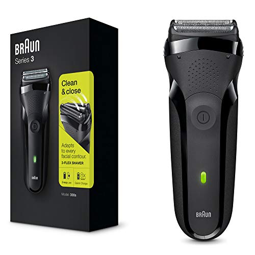 Braun Series 3 Rasierer Herren, Elektrorasierer mit 3 flexiblen Klingen, wiederaufladbarer und kabelloser elektrischer Rasierer, 30 Min Laufzeit, Geschenk Mann, 300s, schwarz