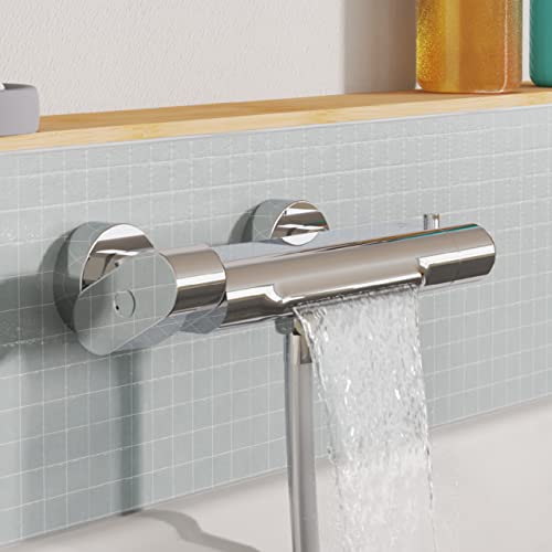 EISL Badewannenarmatur CARNEO, Mischbatterie mit Thermostatregulierung, Wasserfall-Auslauf, Sicherheitssperre bei 38°C, geringere Stoßgefahr durch kurzen Überhang, Chrom 1330090