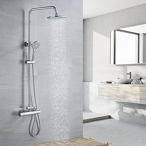 Duschsystem mit Thermostat, Auralum Duschset Edelstahl Regendusche mit Armatur, Duschsystem Höhenverstellbar 80-110cm mit 22.5X22.5 cm Kopfbrause und 3 Strahlarten Handbrause, Chrom