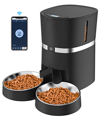 WellToBe Smart Futterautomat Katze & Hund, WiFi Automatischer Futterspender für 2 Katze, Pet Feeder mit Timer, Ton-Aufnahmefunktion, App-Steuerung, Portion Steuerung, zu 6 Mahlzeiten am Tag - Schwarz