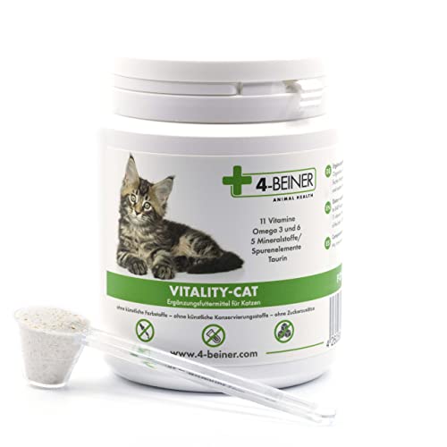 4-BEINER Vitality-Cat, 11 Vitamine für Katzen + Omega 3/6 + Zink, Selen, Mangan, Kupfer, Eisen, Taurin, Multivitamin-Pulver auch ideale Nahrungsergänzung bei Barf Fütterung (Barfen)