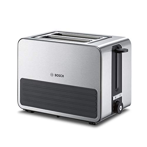 Bosch Kompakt Toaster TAT7S25, integrierter Edelstahl-Brötchenaufsatz, mit Abschaltautomatik, mit Auftaufunktion, ideal für 2 Scheiben Toast, breit, Liftfunktion, 1050 W, Edelstahl / grau