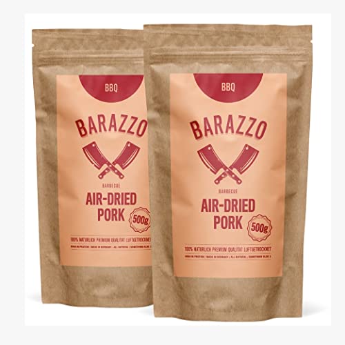 Barazzo Pork Jerky Barbecue | 1 kg (2x500g Maxibeutel) | 100% regionales Trockenfleisch aus DE | Beef Jerky/Biltong | proteinreicher Trockenfleisch Snack mit wenig Fett | high protein & healthy snack