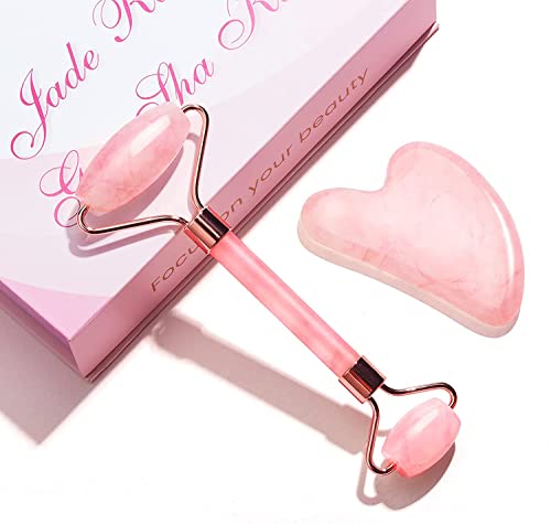 Jade Roller & Gua Sha Set, Gesichtsroller Massagegerät 100% natürlicher Rosenquarz für Gesicht, Augen, Hals zur Hautpflege, Schönheit und Entspannung der Körpermuskulatur mit intelligenter APP