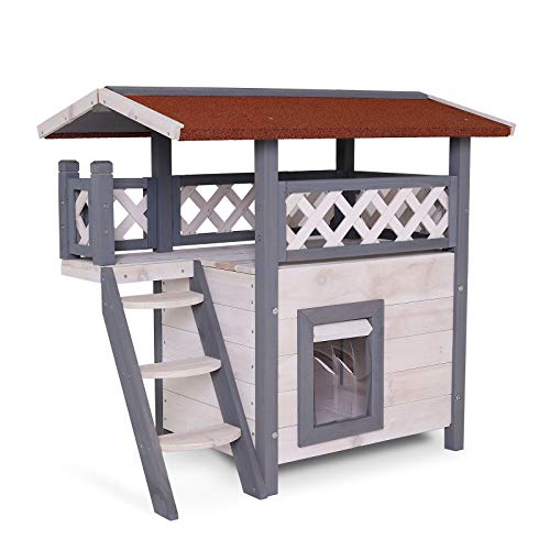 lionto Katzenhaus Lodge Holz für Katzen mit Terrasse und Treppe 77x50x73 cm grau/weiß