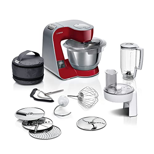 Bosch Küchenmaschine MUM5 MUM5X720, integrierte Waage,Edelstahl-Schüssel 3,9L, Mixer 1,25L, Profi-Knethaken, Planetarisches Rührgetriebe, Profi-Rührbesen, Durchlaufschnitzler, 1000 W, Silber/Dunkelrot