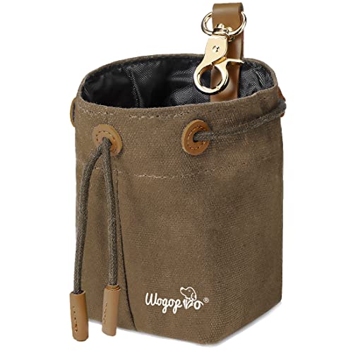 WOGOPRO Leckerlibeutel für Hunde, Canvas Hundefutterbeutel mit Clip Sch nalle und Spannseil, Futterbeutel für Hundetraining (Braun)