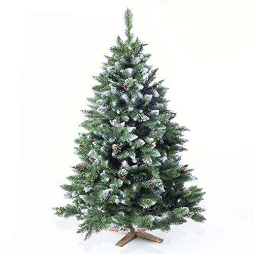 Künstlicher Weihnachtsbaum (Brandneu) – FSC-zertifizierter Holzständer – naturgetreue Zweige, Nadeln mit Deko Schnee & echten Tannen Zapfen – Künstliche Weihnachtsbäume, 180cm oder 220cm