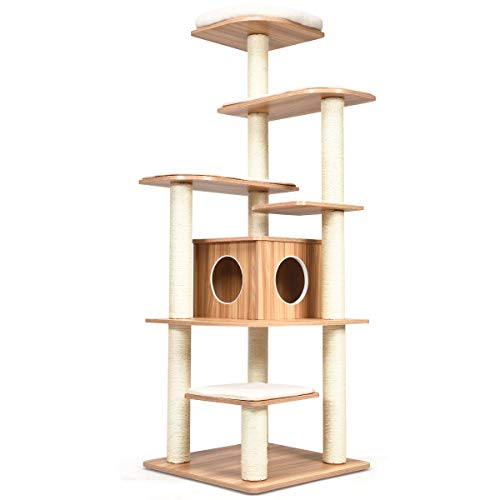 COSTWAY 175cm Kratzbaum Holz, 6-stufiger Katzenkratzbaum Groß, Katzen Spielhaus mit Höhle und 5 Matten, Aktivitätsbaum Katzenmöbel Kletterbaum Katzenhaus, Katzenbaum Beige+Natur