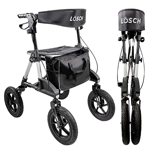 Rollator faltbar und leicht I Outdoor Rollator mit Luftbereifung, inkl. Sitzfläche mit Rückengurt, Tasche & Stockhalter I höhenverstellbare Gehhilfe TABAS von Lösch Reha I Gehwagen ideal für Reisen