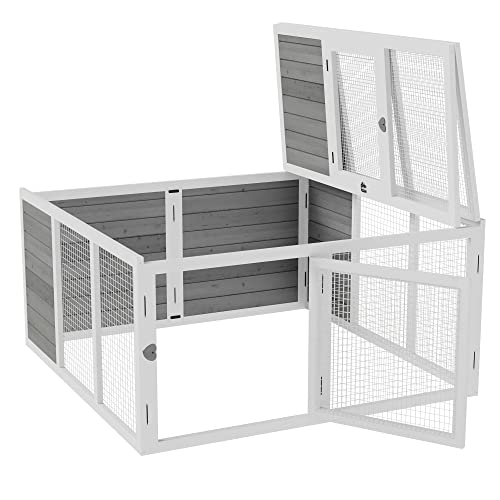 PawHut Kaninchenstall mit Freilaufgehege Kaninchenkäfig Kleintiergehege aufklappbares Dach erhöhten Boden mit Dachfenster Meerschweinchenstall Kleintierstall Tannenholz Metall Grau 120 x 120 x 60 cm