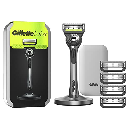 Gillette Labs Nassrasierer Herren, Rasierer mit Reinigungs-Element + Reise-Etui zur Aufbewahrung für unterwegs + 5 Rasierlingen, Premium-Magnetdock