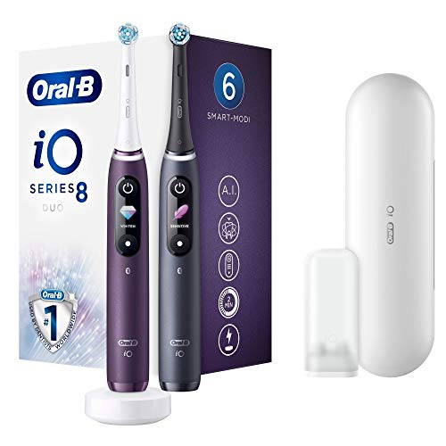 Oral-B iO 8 Doppelpack Elektrische Zahnbürste/Electric Toothbrush mit revolutionärer Magnet-Technologie & Mikrovibrationen, 6 Putzprogramme, Farbdisplay & Reiseetui, black onyx/violet ametrine 