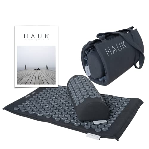 HAUK Akupressurmatte mit Kissen (ergonomisch) hochwertige Massagematte Nagelmatte als Set wohltuend bei Stress, Verspannungen und Schmerzen im Rücken und Nacken mit Tragefunktion und Anleitung