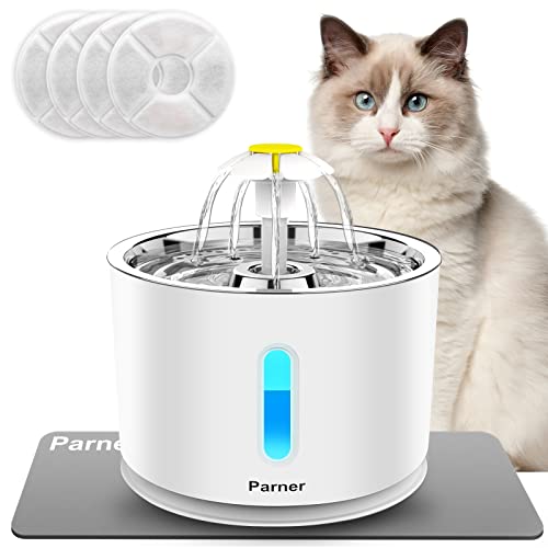 Parner Katzen Trinkbrunnen, Wasserspender für Katzen mit Wasserstand Fenster, Cat Water Fountain Rostfreier Stahl mit 4 Stück Hygienefilter & 1 Silikonmatte, Trinkbrunnen für Haustiere mit LED-Licht.