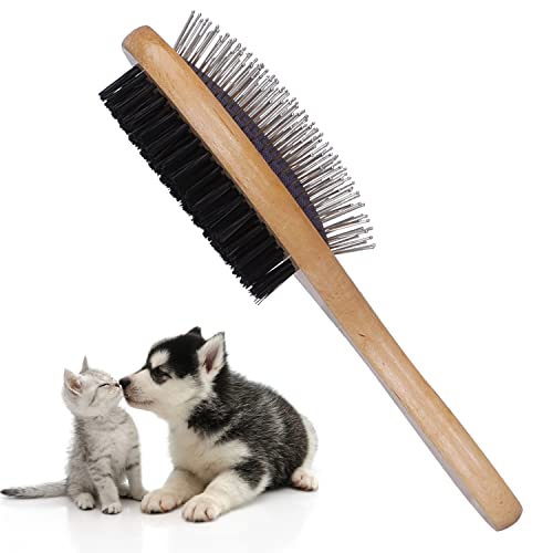 Nobleza Bambus Hundebürste Katzenbürste, 2-in-1 Hundebürste und Borsten, Professionelle Doppelseitige Tierhaarbürste - Entfernt Loses Fell und Schmutz Ideal für lang- und kurzhaarige Haustiere