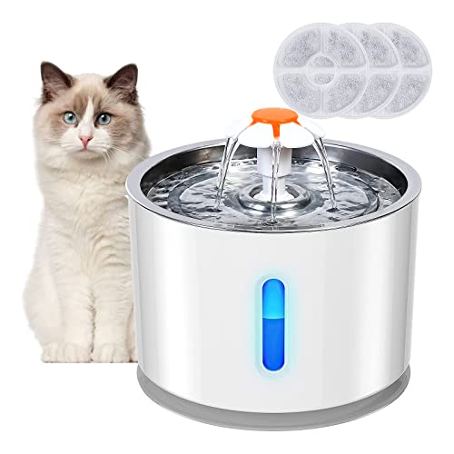 Katzenbrunnen, Petiigo 2.4L Edelstahl Trinkbrunnen für Katzen BPA-frei mit 3 Filter LED Anzeige für Katzen/Hunde