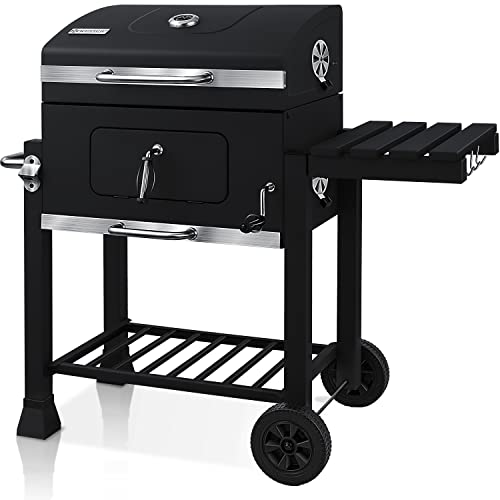 KESSER® Grill Grillwagen XXL Holzkohlegrill mit Deckel, Rädern, Edelstahl-Griff, Grillrost und Thermometer Holzkohle kohlegrill wagen groß Kohle BBQ Camping, Terrasse, Garten (Schwarz/Silber)