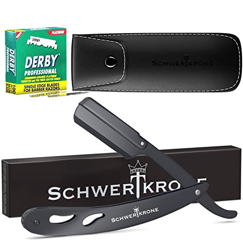 Schwertkrone Rasiermesser Schwarz + 100 halbe Derby Wechselklingen + Etui Rasiermesser Set Herren (Schwarz)