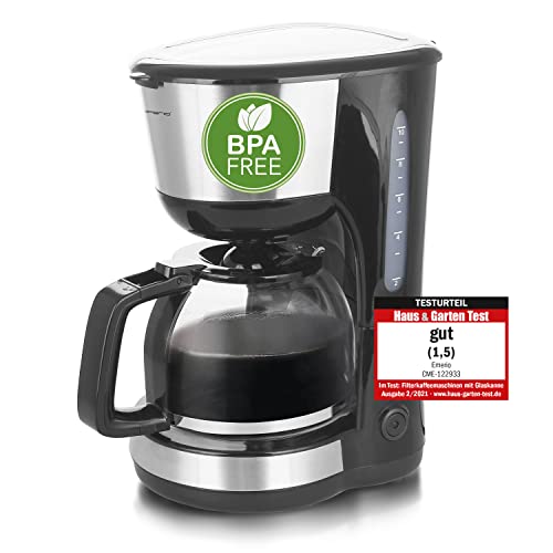 EMERIO CME-122933, Filter Kaffeemaschine, 1.25l für bis zu 10 Tassen frischen Kaffee, herausnehmbarer Permanent-Filter, Anti-Tropf-Funktion, Kaffeekanne aus Glas, Auto-Off, 1000 Watt, schwarz/silber