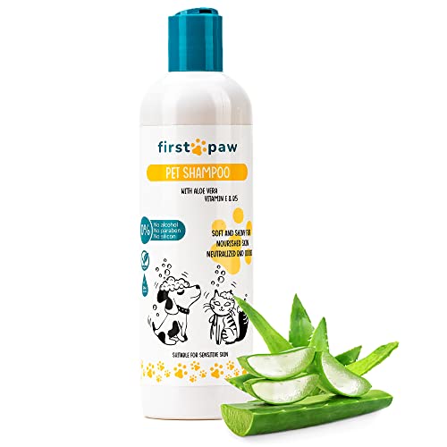 FIRSTPAW Pet Shampoo, Welpenshampoo, Hundeshampoo und Katzenshampoo 500ml mit Aloe Vera - Geeignet für Sensitive Haut, 100% Vegan Rückfettendes Shampoo für alle Hunderassen und Felltypen