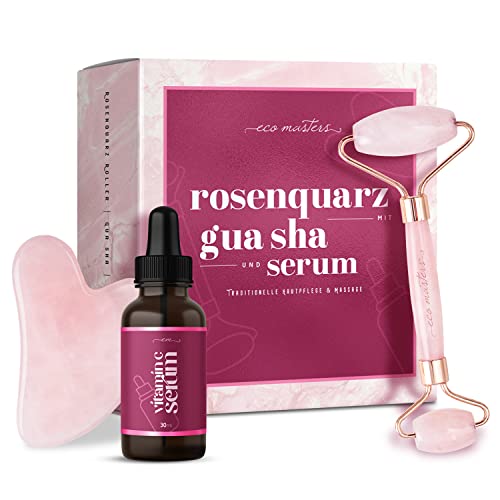 Rosenquarz Roller mit Vitamin C Serum & Gua Sha - Vegane Hautpflege für Gesicht, Kinn, Hals & Körper - Anti Aging Hautmassage mit Premium Rosenquarz Naturstein bei dunklen Augenringe & feinen Linien